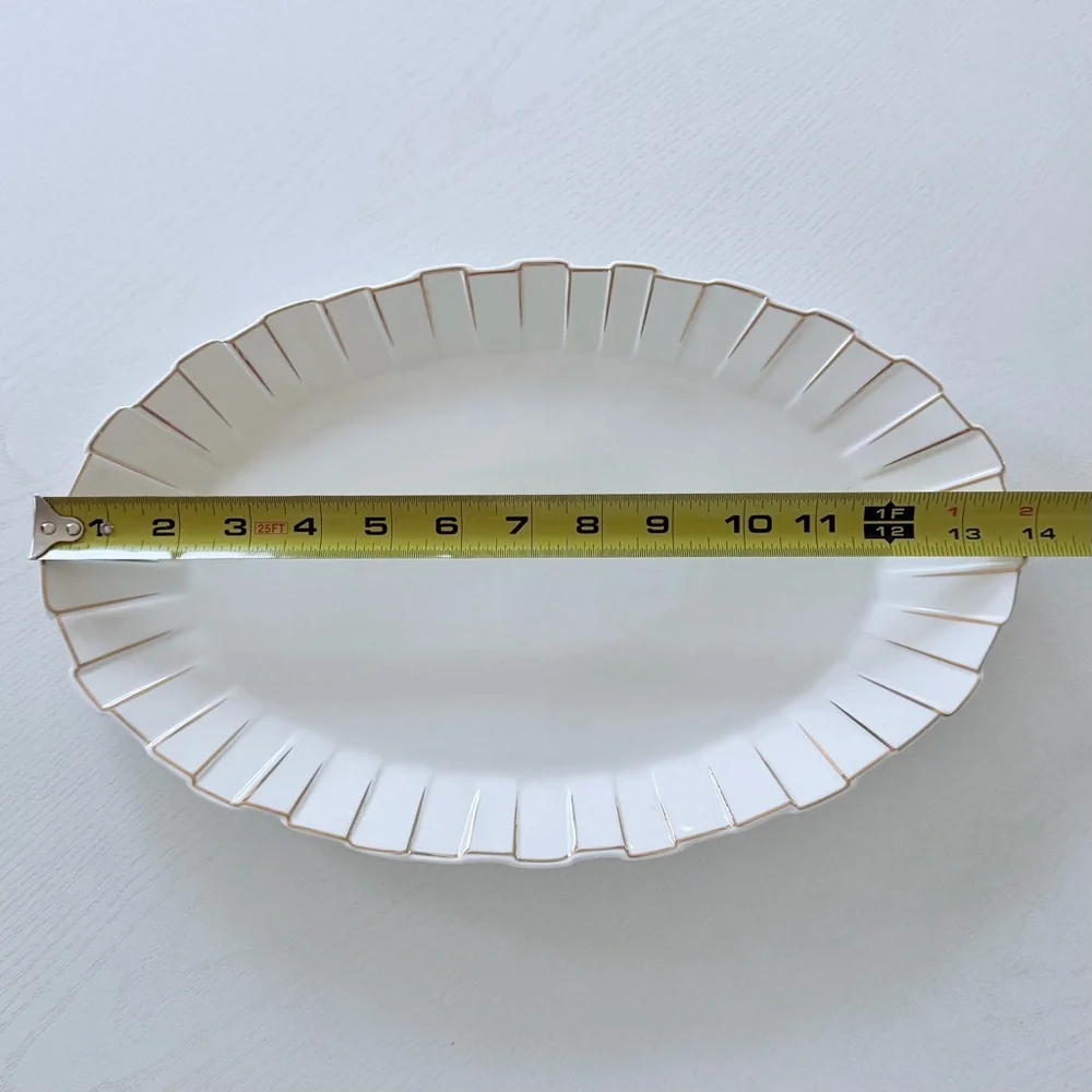 Oval Scalloped Ceramic Platter with Gold Tone Trim Accent
